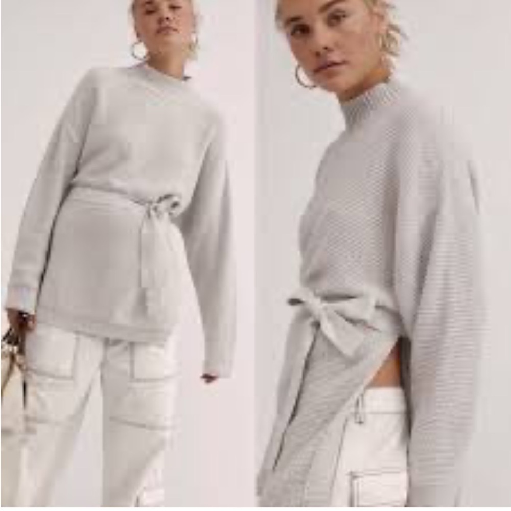 Free People Beach Byron Gray Oversized Sweater with Tie